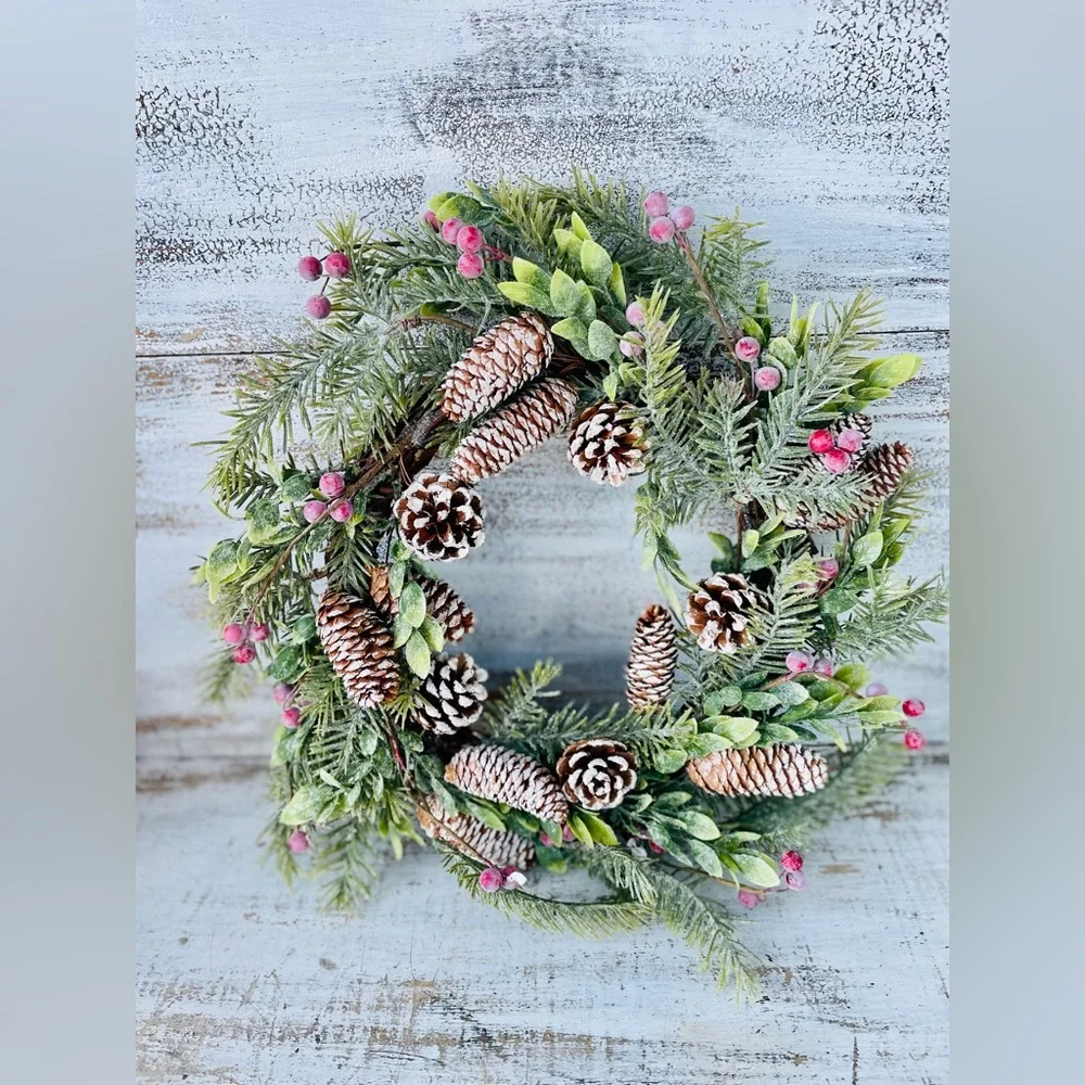 Frosty Cedar, Pinecone & Red Berry Wreath